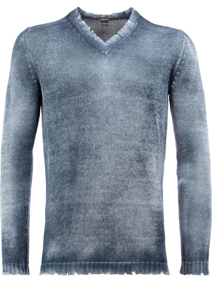Avant Toi Distressed V-neck Jumper, Men's, Size: Medium, Blue, Cotton/linen/flax/cashmere