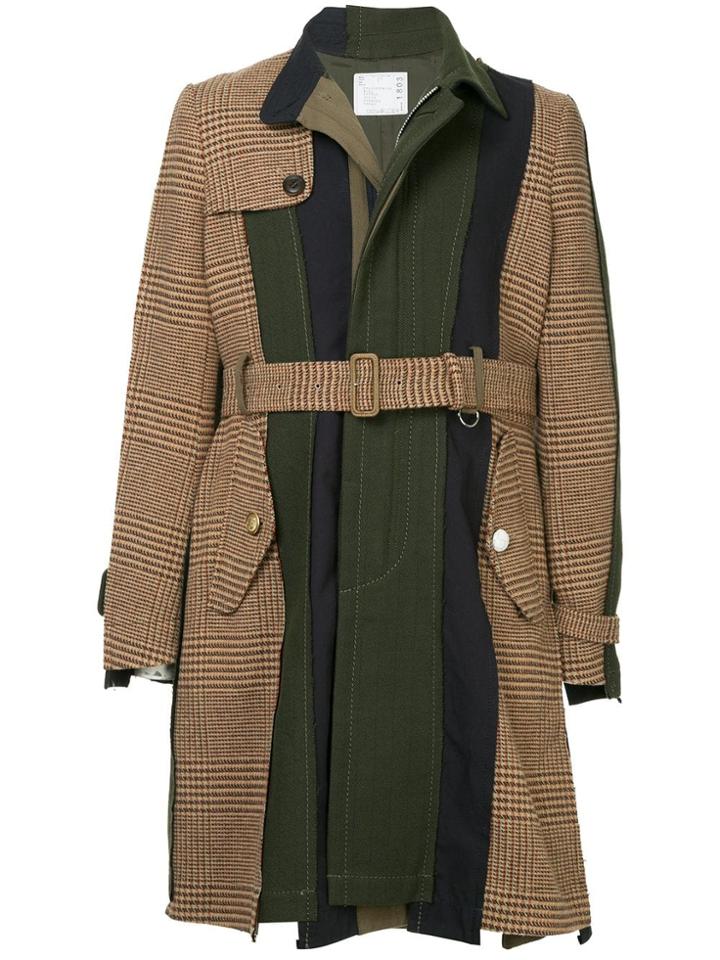 Sacai Contrast Panel Belted Coat - Brown