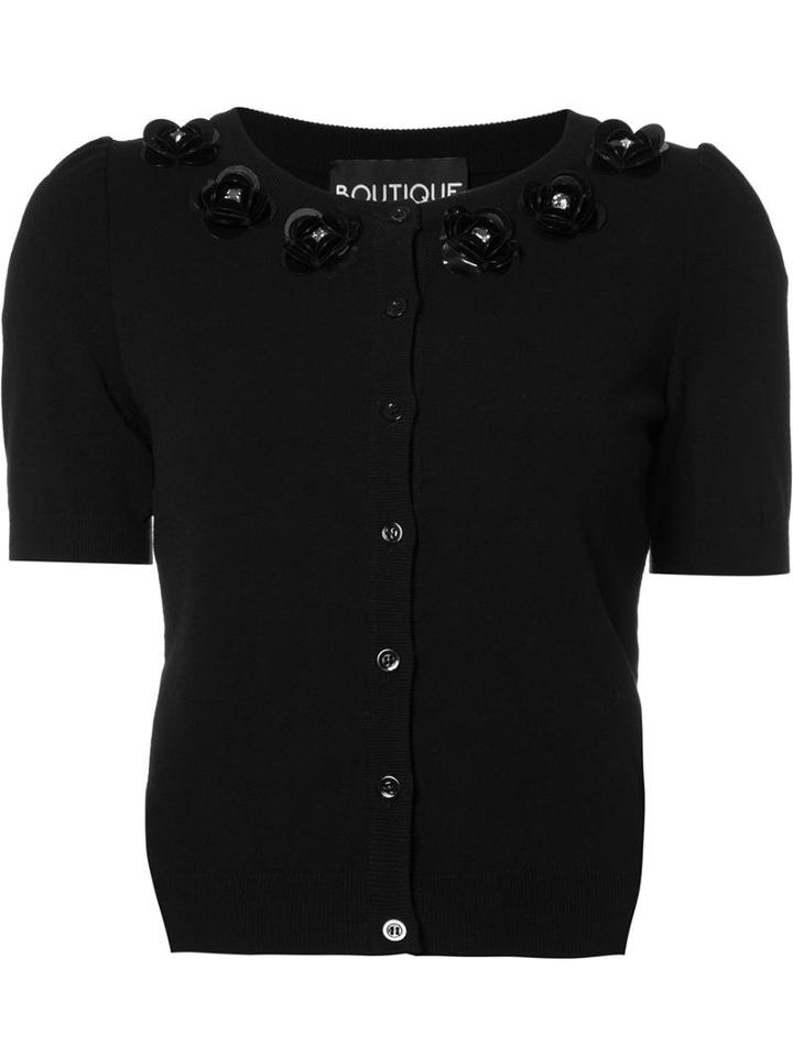 Boutique Moschino Flower Embellished Shortsleeved Cardigan, Women's, Size: 42, Black, Polyester/rayon