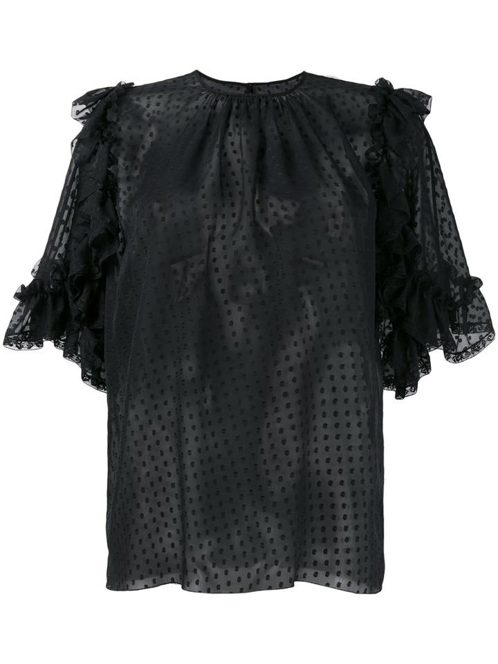 Dolce & Gabbana Sheer Polka Dot Ruffle Blouse, Women's, Size: 44, Black, Silk/cotton/polyamide