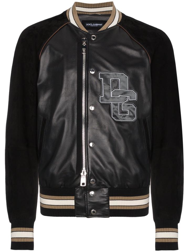 Dolce & Gabbana Leather Bomber Jacket With Logo - Black