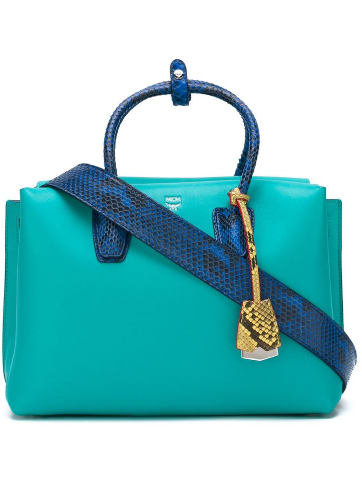 Mcm Snake Print Trim Tote Bag, Women's, Green, Leather