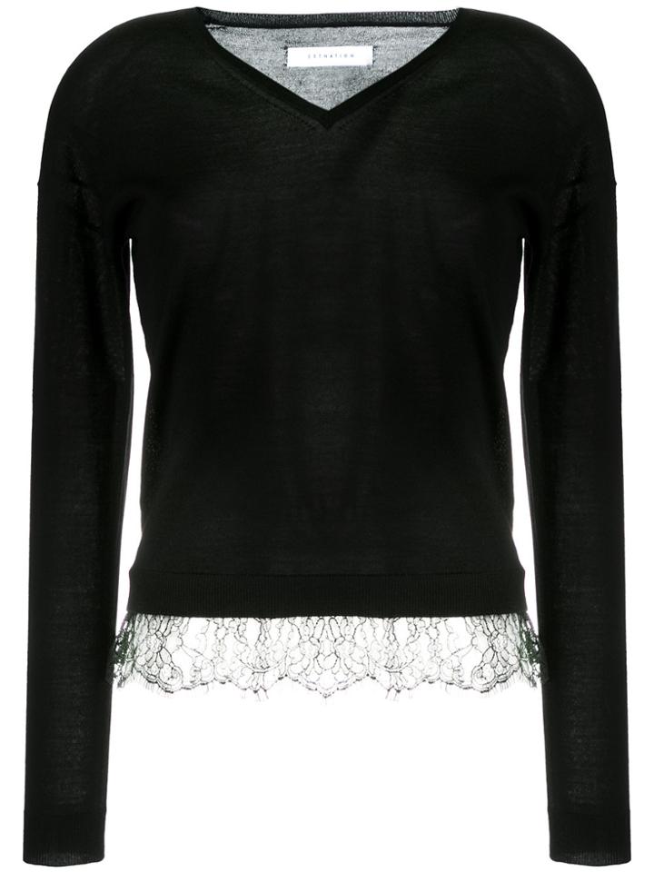 Estnation V-neck Lace Trimmed Sweater - Black