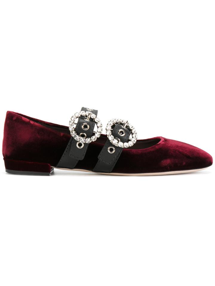 Miu Miu Embellished Buckled Ballerinas - Pink & Purple