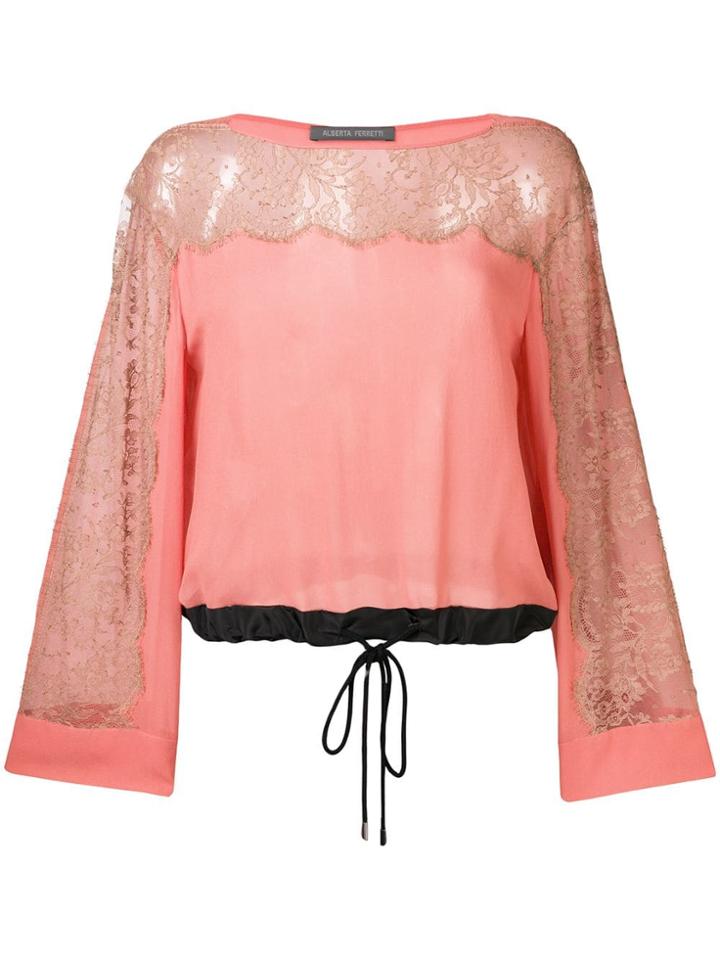 Alberta Ferretti Lace Inserts Drawstring Blouse - Pink & Purple