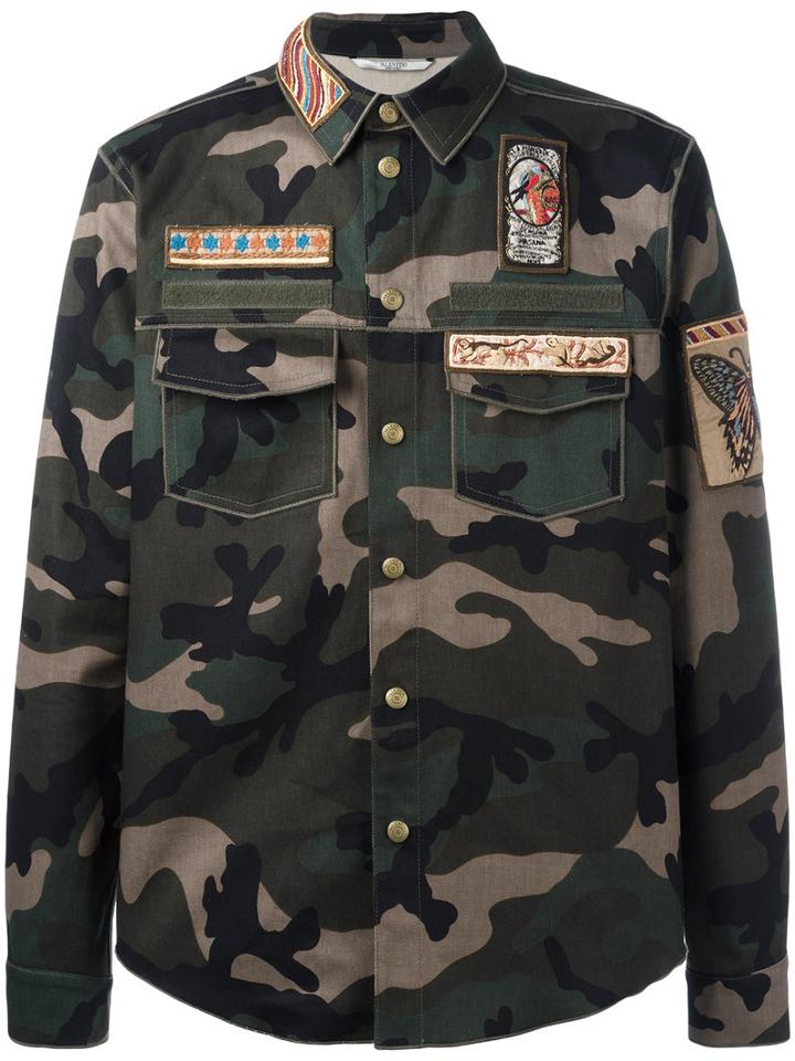 Valentino Cigar-box Appliqué Camouflage Field Jacket, Men's, Size: 48, Green, Cotton