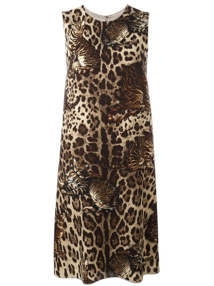Dolce & Gabbana Bengal Cat Print Dress, Women's, Size: 46, Brown, Wool/silk/spandex/elastane