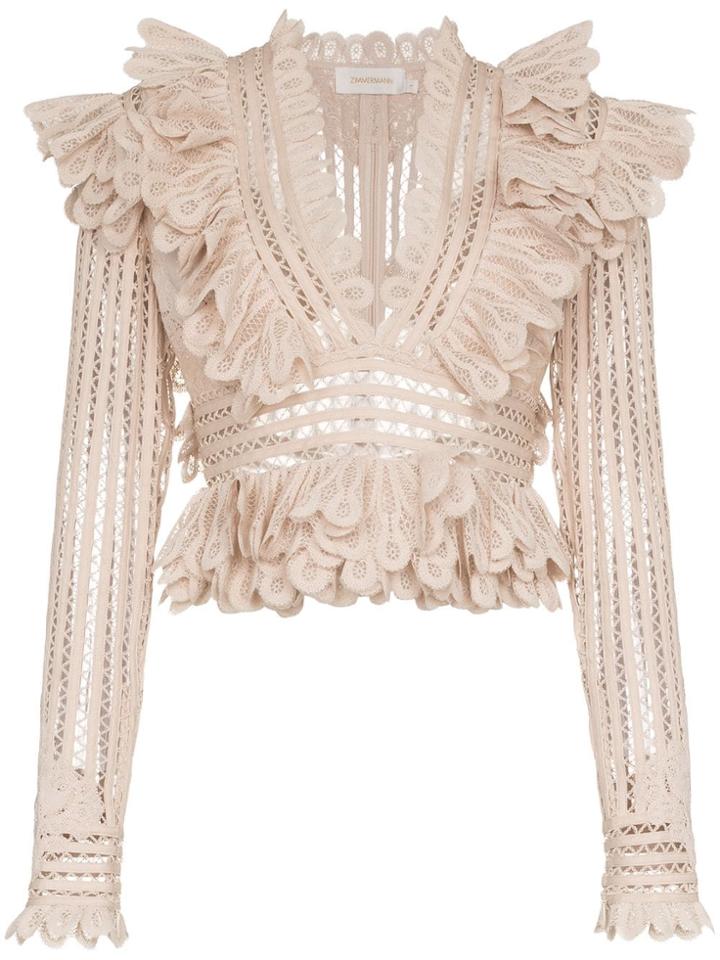 Zimmermann Battenberg Cropped Silk-blend Lace Top - Nude & Neutrals