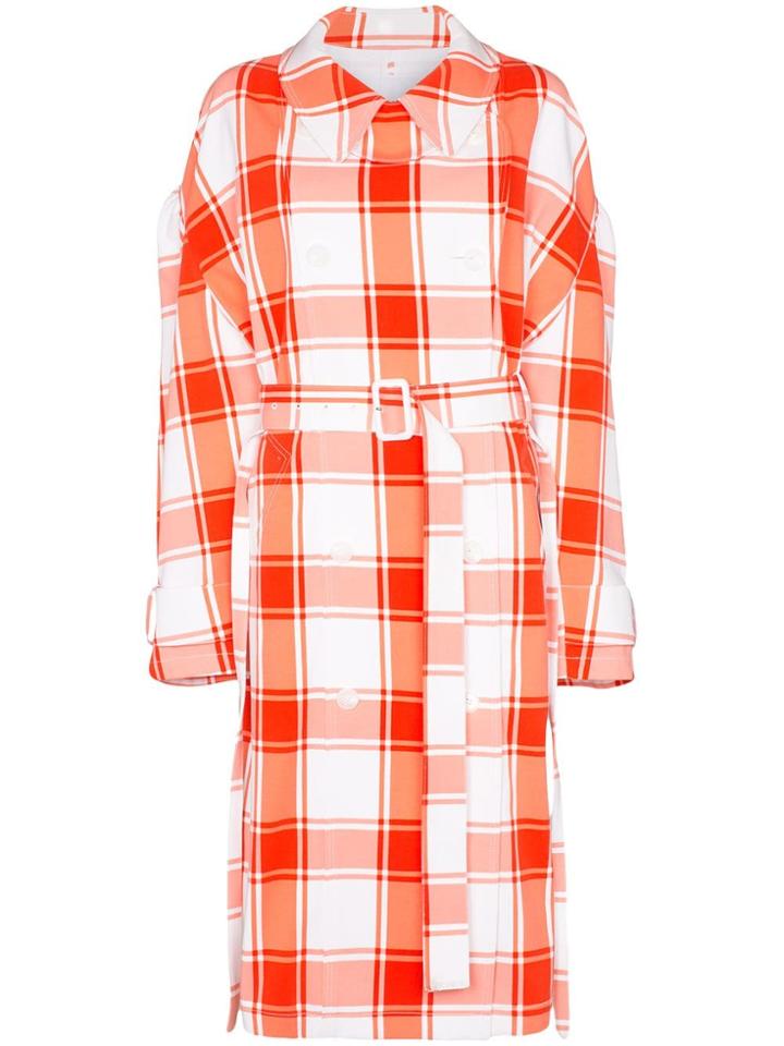 Pushbutton Check Print Puff Sleeve Trench Coat - Red