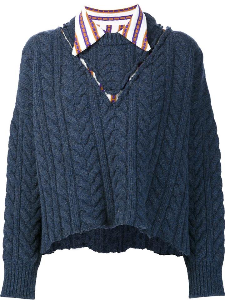 Maison Margiela Collar-insert Cable Knit Jumper, Women's, Size: Xs, Blue, Viscose/wool