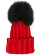 Inverni Ribbed Beanie With Racoon Fur Pom Pom - Red