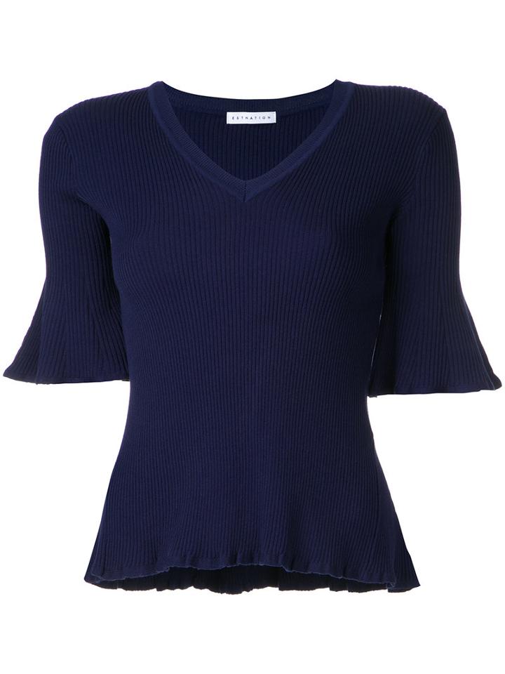 Estnation - Flared V-neck Top - Women - Rayon - 38, Blue, Rayon