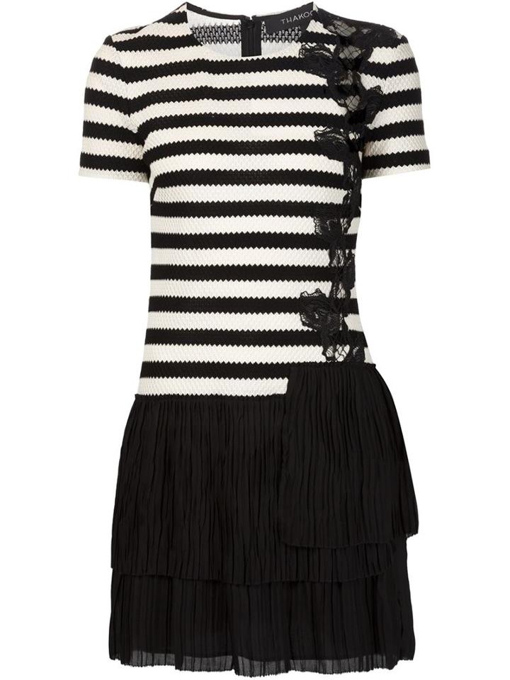 Thakoon Pleated Hem Striped Dress, Women's, Size: 4, Black, Cotton/silk/polyester