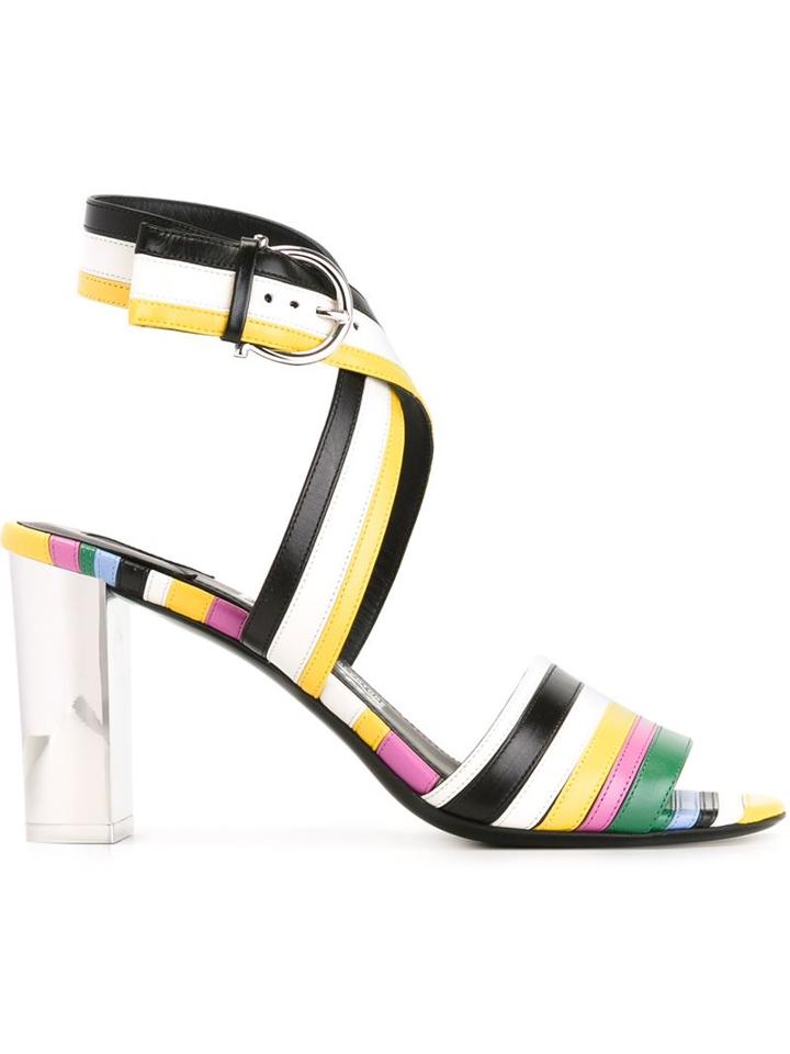 Salvatore Ferragamo Striped Sandals, Women's, Size: 9.5, Grey, Leather/metal