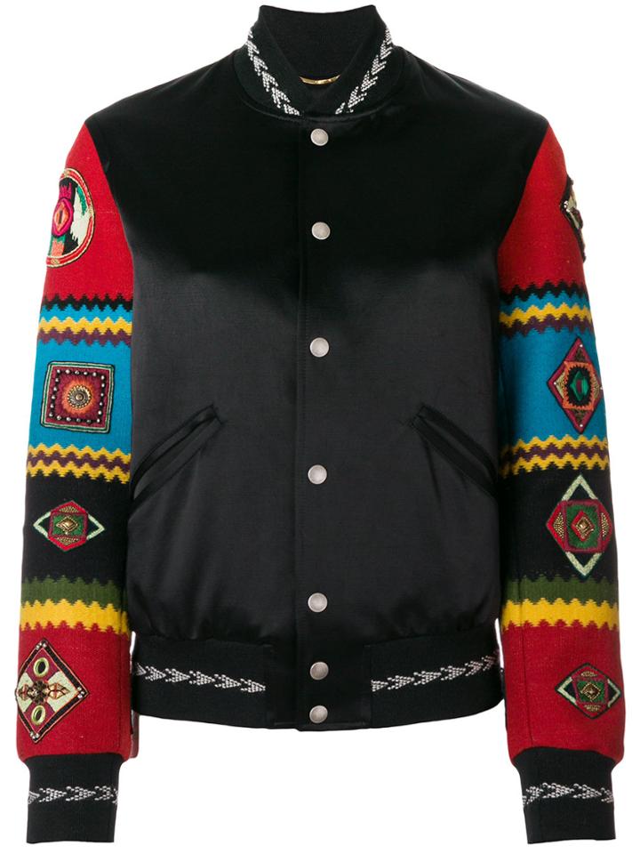 Saint Laurent Contrast Sleeve Satin Bomber Jacket - Black