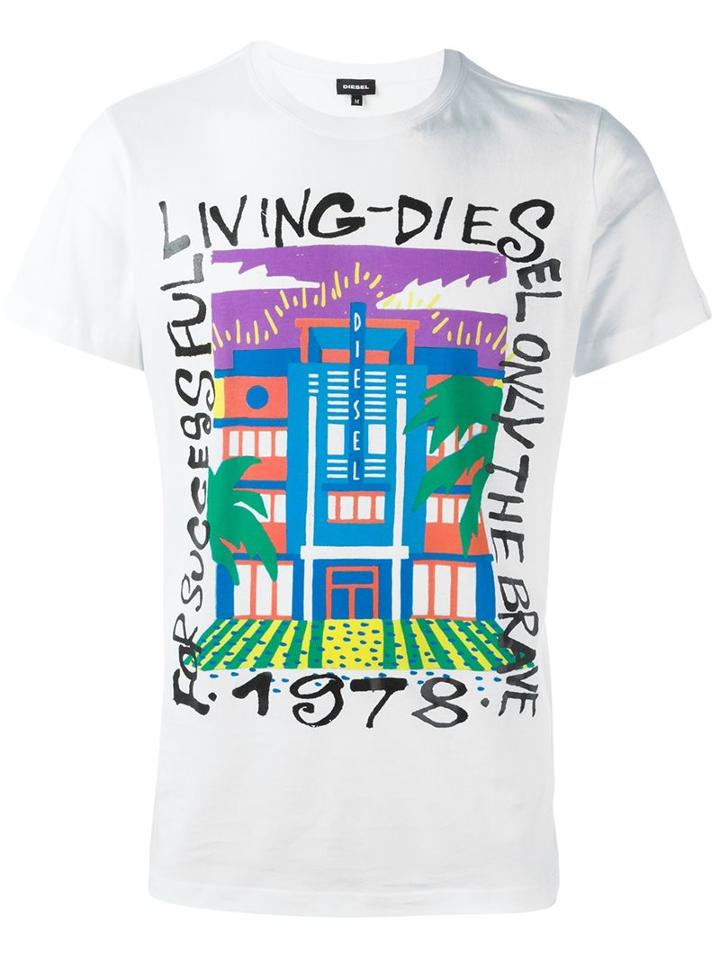 Diesel Building Print T-shirt, Men's, Size: Small, White, Cotton