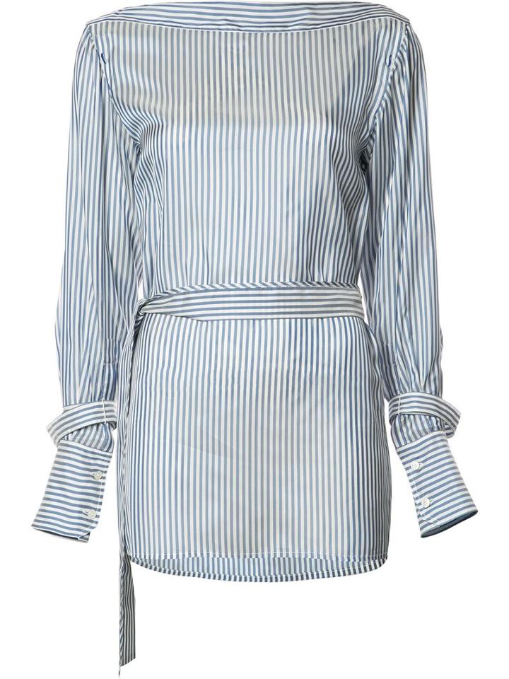 Calvin Klein Striped Belted Blouse, Women's, Size: 10, White, Cupro