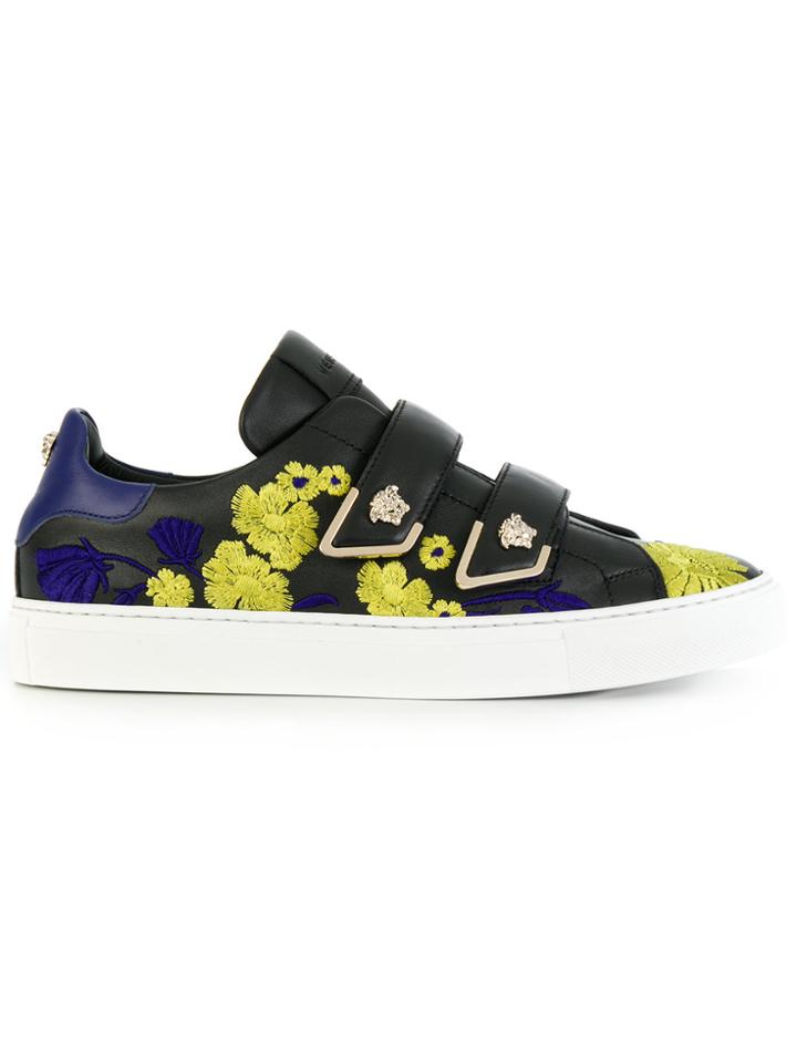 Versace Medusa Touch Strap Floral Embroidered Sneakers - Black