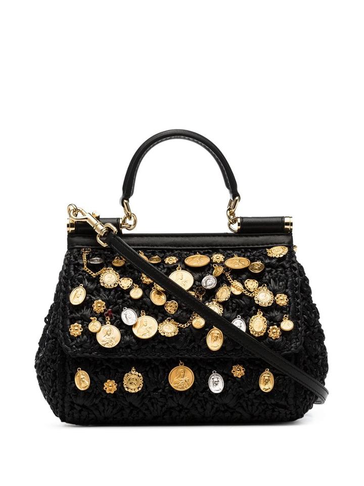 Dolce & Gabbana Black Sicily Raffia Charm Shoulder Bag