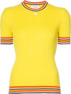 Courrèges - Striped Hem Short Sleeve Sweater - Women - Cotton/cashmere - 2, Yellow/orange, Cotton/cashmere