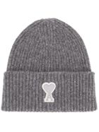 Ami Paris Ribbed Beanie Ami De Coeur Patch - Grey