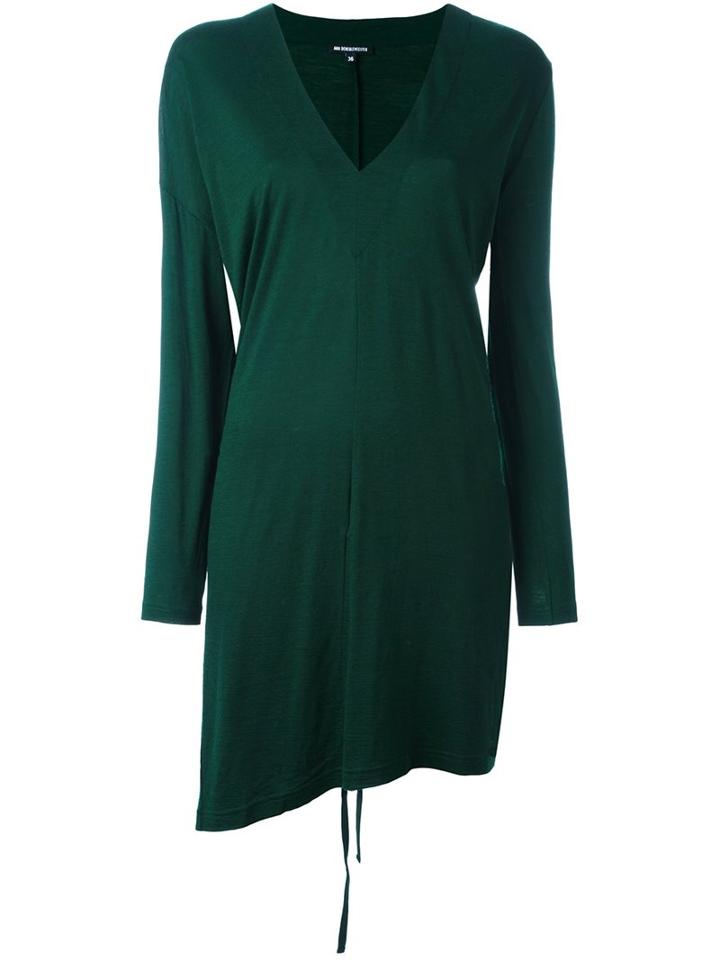 Ann Demeulemeester Longsleeved V-neck Dress, Women's, Size: 36, Green, Wool