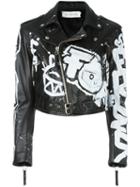 Faith Connexion Graffiti Print Biker Jacket, Women's, Size: 38, Black, Leather/acetate