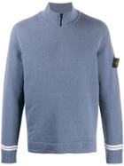 Stone Island Logo Patch Zip Neck Sweater - Blue