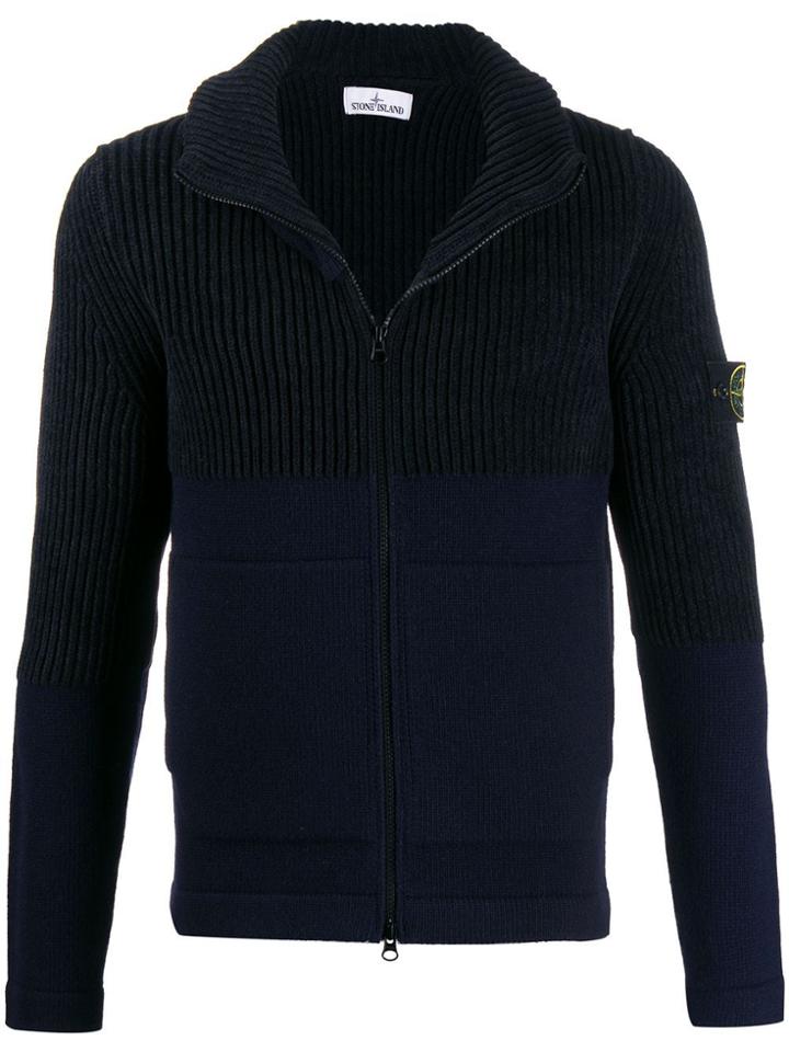 Stone Island Ribbed Zip-up Cardigan - Blue