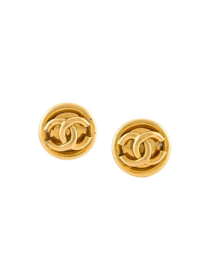 Chanel Vintage Round Logo Clip-on Earrings, Women's, Metallic