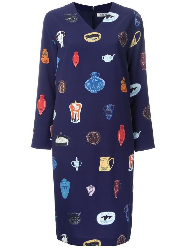 Taro Horiuchi Vase Print V-neck Dress, Women's, Blue, Polyester
