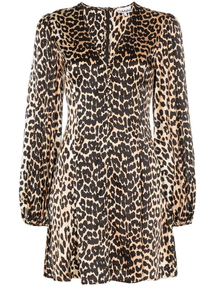 Ganni Blakely Silk Leopard Print Mini Dress - Brown