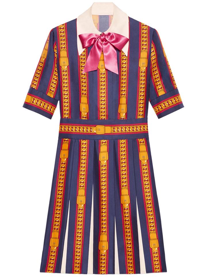 Gucci Sylvie Chain Print Silk Dress - Blue