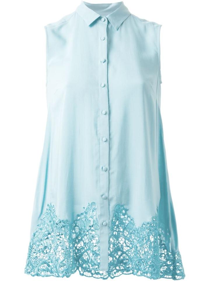 Guild Prime - Lace Hem Button Down Sleeveless Shirt - Women - Rayon - 34, Blue, Rayon
