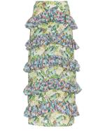 All Things Mochi Sara Floral Print Tiered Ruffle Maxi Skirt - Green