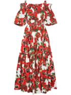 Dolce & Gabbana Floral-print Off-shoulder Cotton Dress - Red