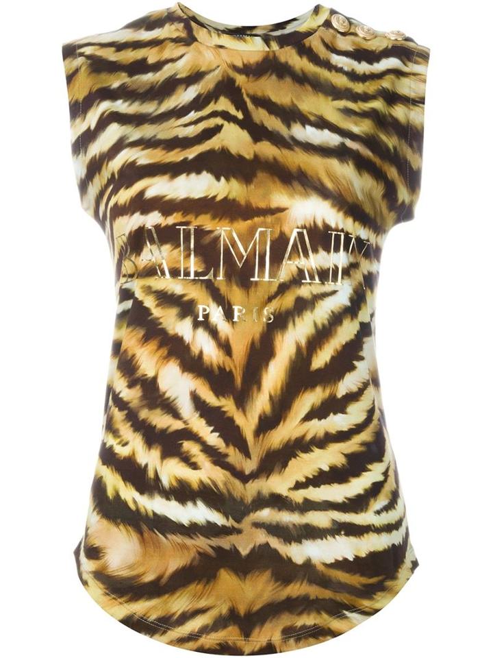 Balmain Logo Animal Print T-shirt, Women's, Size: 40, Brown, Cotton