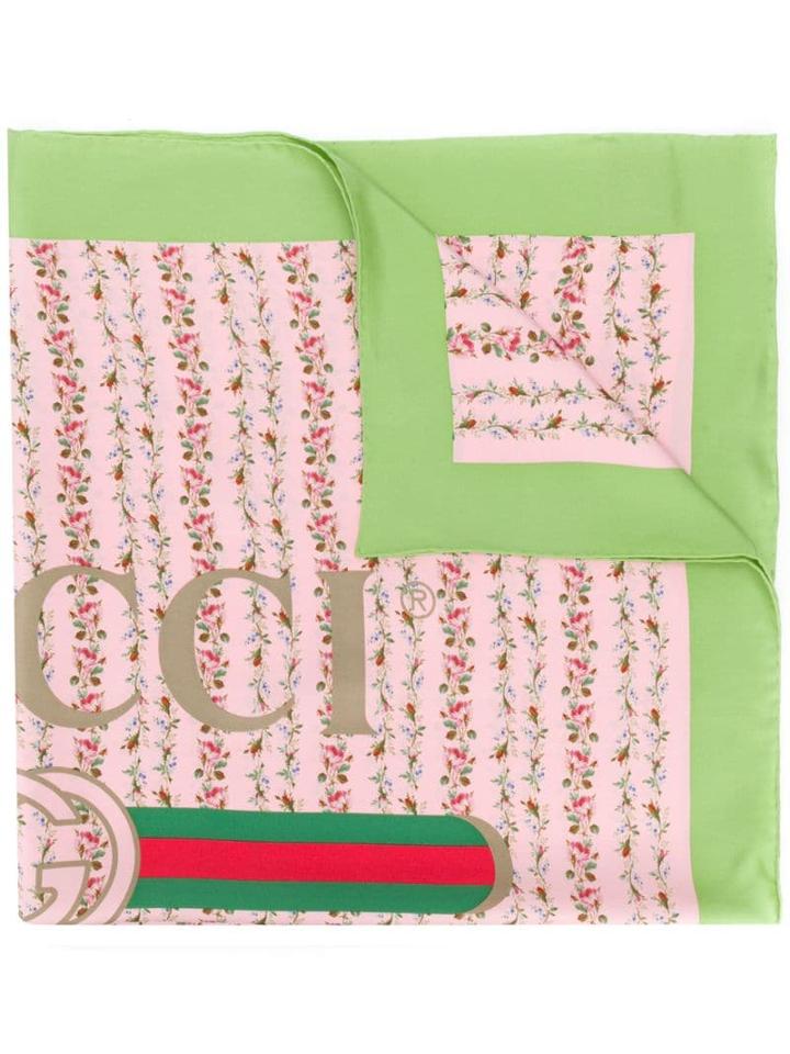 Gucci Gucci Logo Rose Print Silk Scarf - Pink