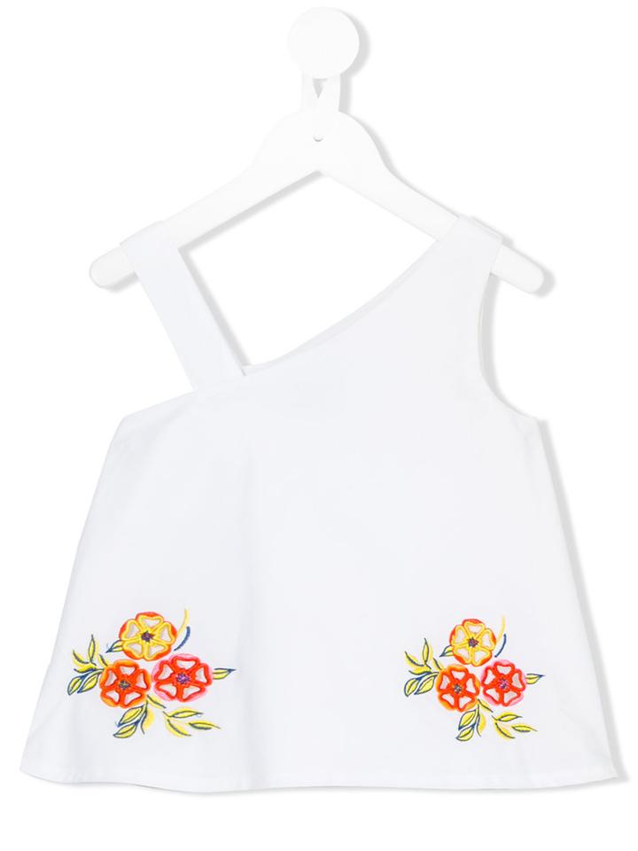 Msgm Kids - Floral Embroidered Asymmetric Sleeve Top - Kids - Cotton - 12 Yrs, White