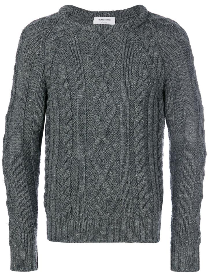 Thom Browne Aran Cable Knit British Wool Crewneck Pullover - Grey