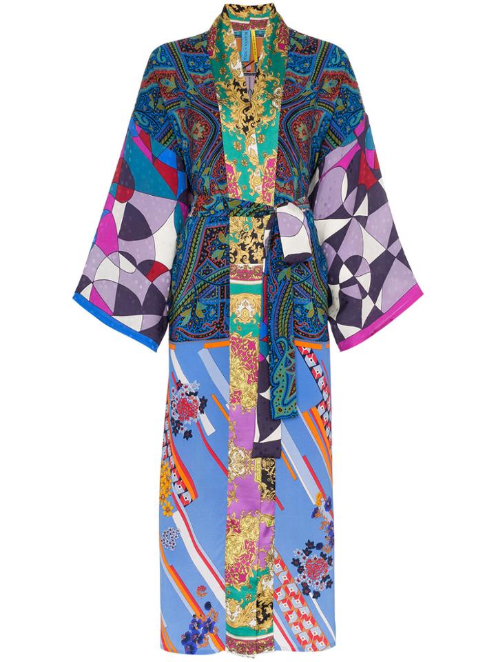 Rianna + Nina Long Multi Floral Cube Print Silk Kimono Robe -