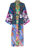 Rianna + Nina Long Multi Floral Cube Print Silk Kimono Robe -