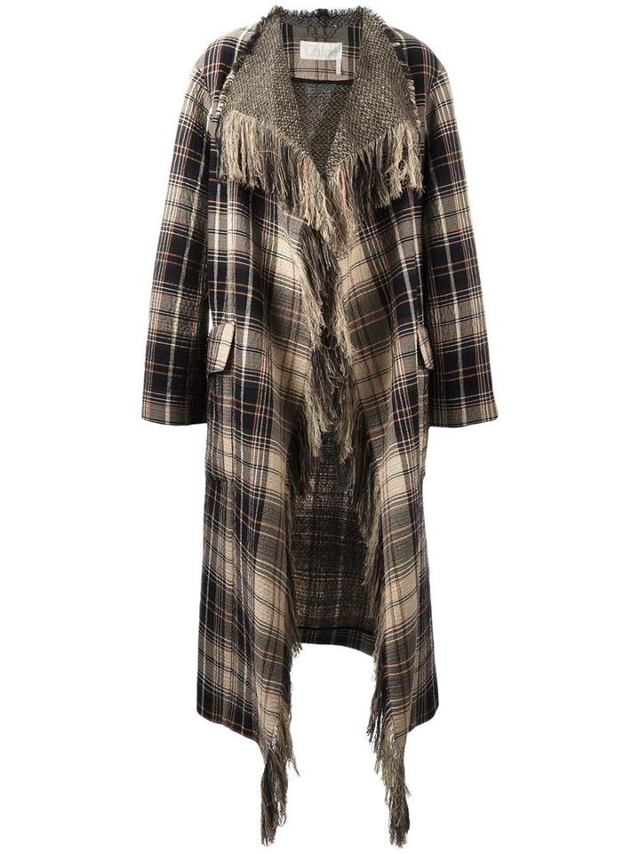 Chloé Fringed Plaid Blanket Coat, Women's, Size: 38, Brown, Wool/cotton/calf Leather