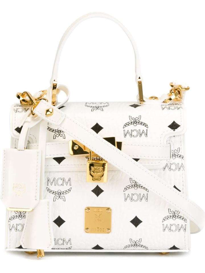 Mcm Logo Print Cross Body Bag, Women's, White, Leather/metal