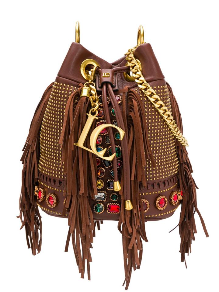 La Carrie Rhinestone-embellished Fringed Bucket Bag - Brown