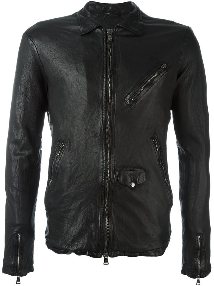 Giorgio Brato Central Zip Jacket, Men's, Size: 56, Black, Leather/cotton/polyester/spandex/elastane