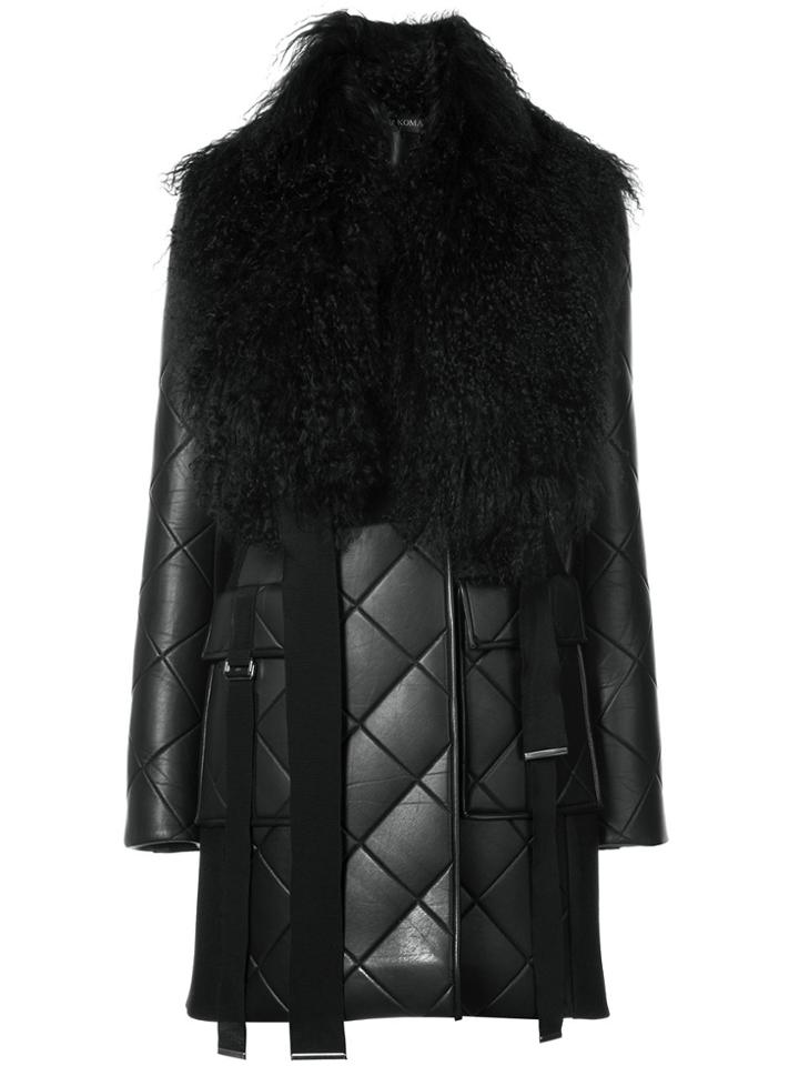 David Koma Quilted Coat With Shearling Collar - Black