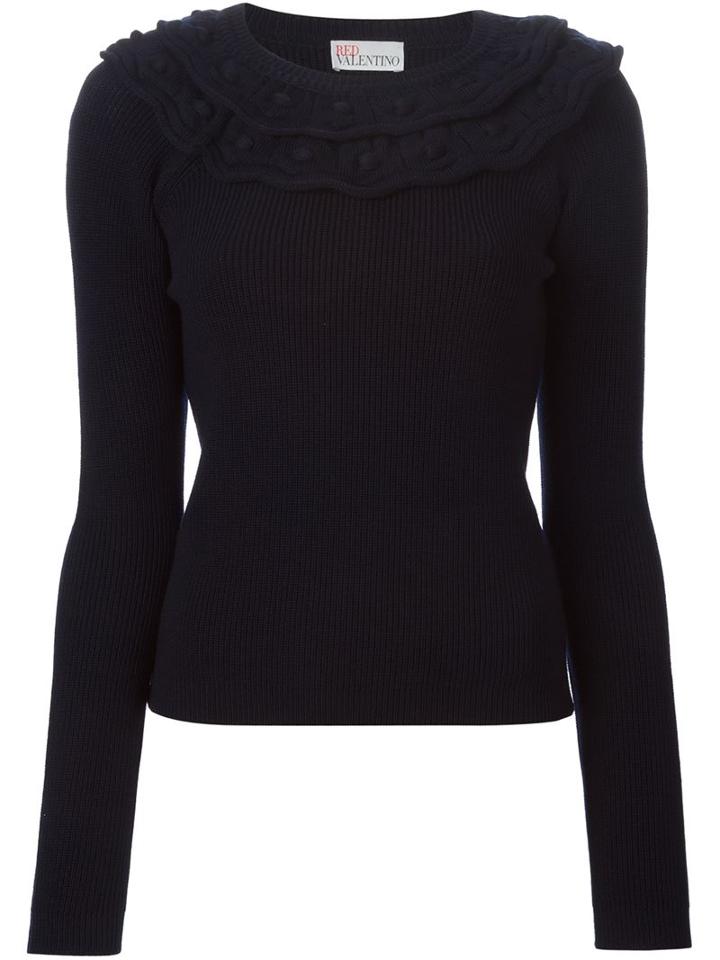 Red Valentino Collaret Ribbed Sweater, Women's, Size: Large, Blue, Virgin Wool