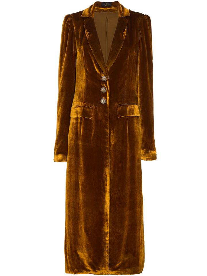 De La Vali Long Collared Velvet Coat With Buttons - Yellow & Orange