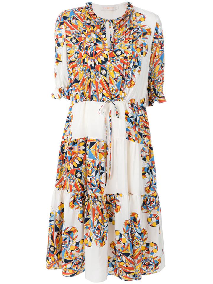 Tory Burch Ruffle Neck Tiered 3/4 Sleeve Shirt Dress - Nude & Neutrals